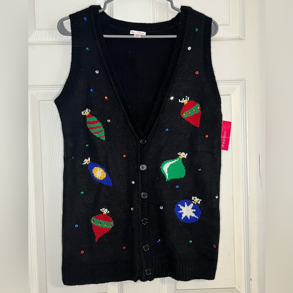 Xhilaration Black Christmas Sweater Vest Ornaments Jeweled size Medium ~ NWT